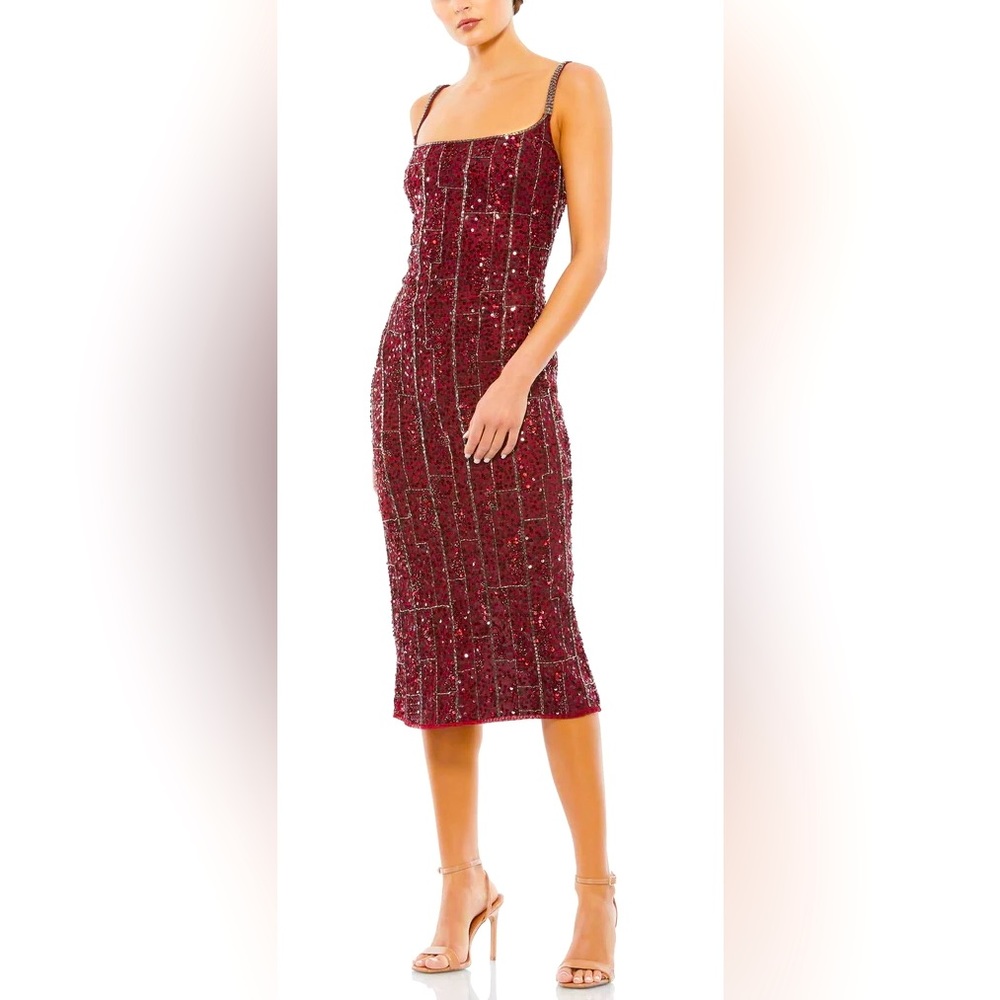 👗 NWT! Mac Duggal Sequin & Bead Midi Red Slip Dress